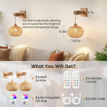 Battery Operated Wall Sconce Set of Two, Wireless Rechargeable Wall Lights, Rattan Wall Lamps with Remotes and Dimmable RGB LED Bulbs, Indoor Boho Wood Sconces Wall Decor for Bedroom Living R - WoodArtSupply