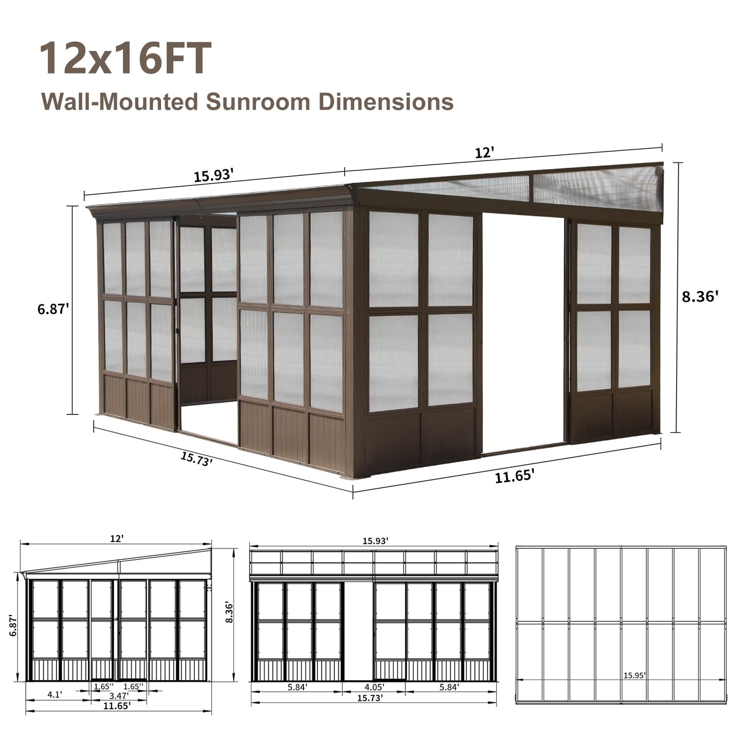 Domi Lean-to Sunroom 12x16FT, Wall Mounted Solarium with Sloping Polycarbonate Roof, Detachable Polycarbonate Screens, 2 Lockable Sliding Doors, Aluminum Gazebo Against Wall Sun Room for Patio Deck