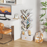 SHEEPAM 8 Tier Tree Bookshelf with Drawer, Free Standing Wood Bookcase for Living Room, Bedroom, Home Office, Space Saving Storage Organizer Bookshelves for Books, CDs, Vinyl Records- White SHEEPAM
