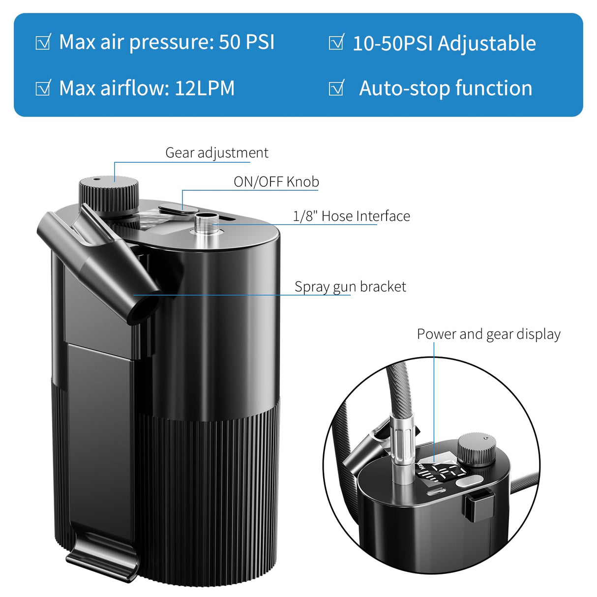 Crpen Airbrush Kit with Compressor 50PSI High Pressure Air Brush Set Non-Clogging Airbrush Gun Cordless Rechargeable Airbrush Kit for Painting,Nail Art,Barber,Makeup,Cake Decor (Black) crpen