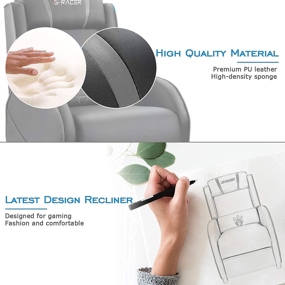 Homall Massage Gaming Recliner Chair, Racing Style Gaming Sofa, PU Leather Home Theater Seat, Living Room Ergonomic Comfortable Gamer Lounge(Grey) Homall