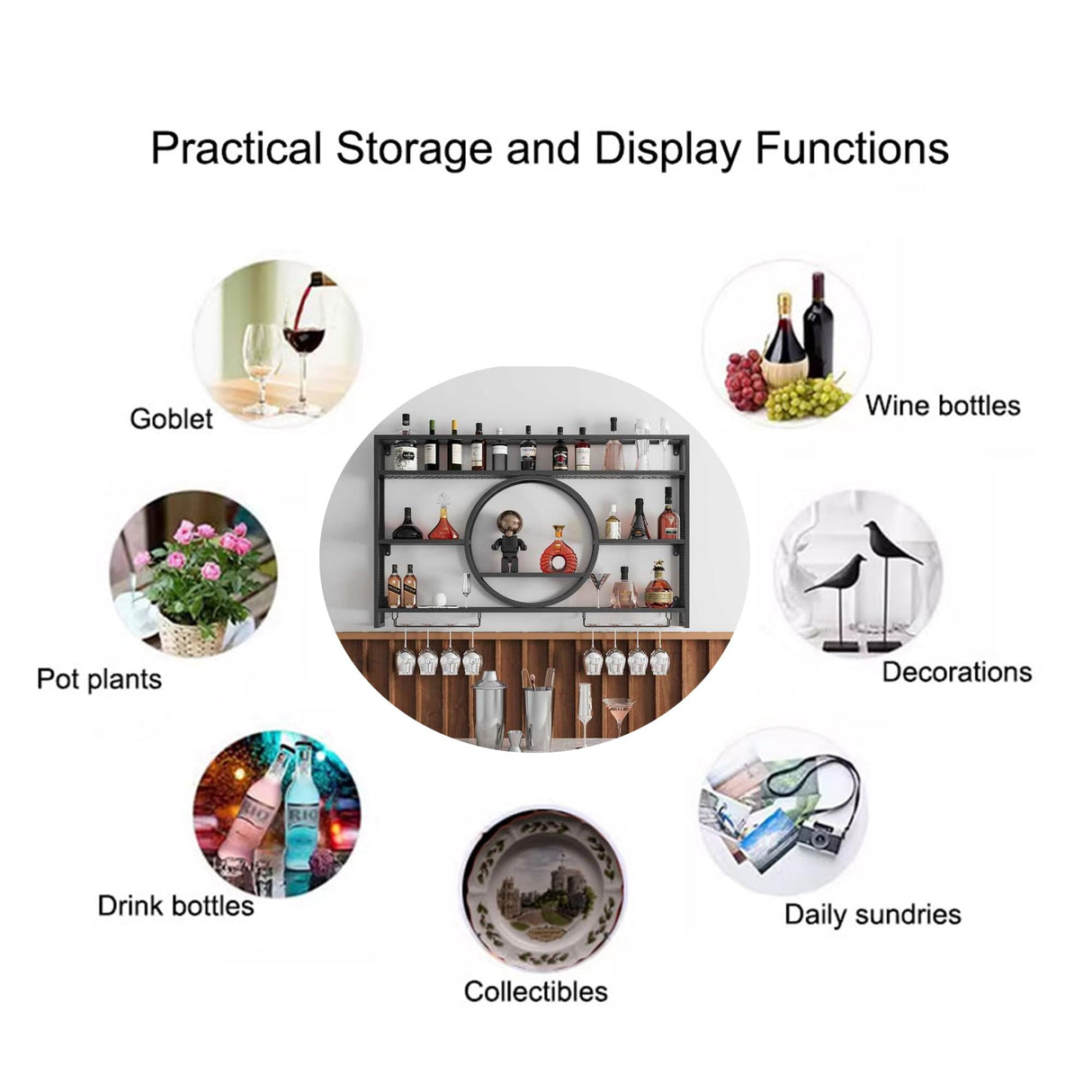 Wine Rack Wall Mounted with Wine Glass Rack Floating Bar Shelves for Liquor Bottles with LED Light Liquor Bottle Display Shelf Wall Bar Cabinet Mini Bar for Home Bar Dining Room Kitchen Living Room(Bl WXZXWXZX