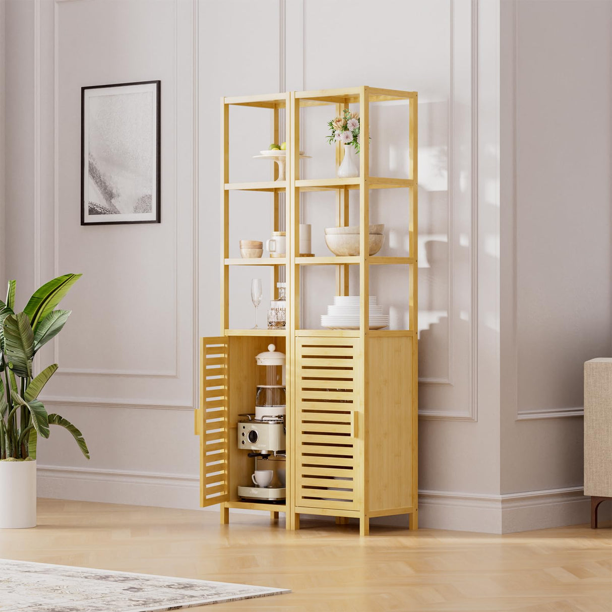 HITNET Bathroom Floor Cabinet, 6 Tier Tall Thin Linen Tower Storage Cabinet Free Standing Bamboo, Kitchen Side Organizer with 3 Shelves and Cupboard, Natural HITNET