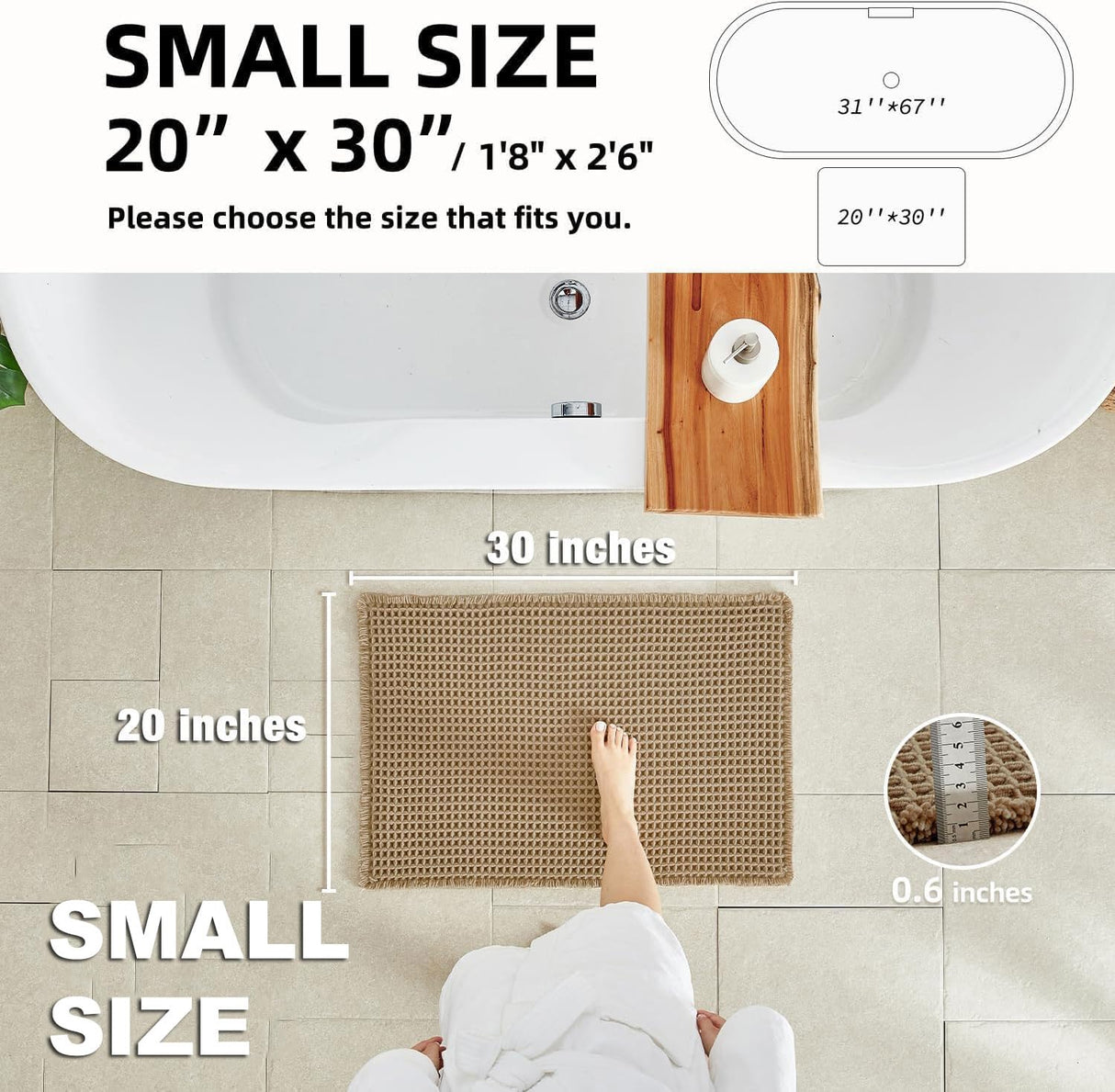 TYUU Waffle Bath Mat, Boho Bathroom Rugs Non Slip Washable Super Absorbent Quick Dry Farmhouse Bathroom Decor, 30"x20" Khaki TYUU