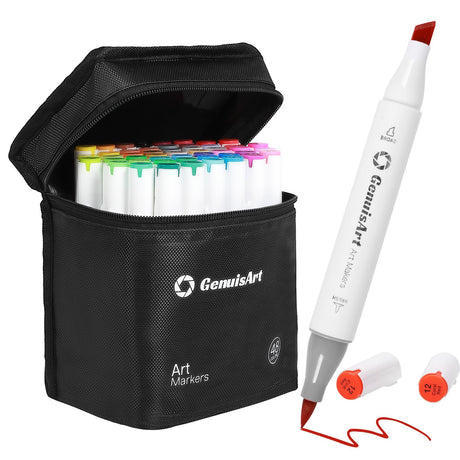 GenuisArt 48 Colors Dual Tip Art Markers Set, Chisel and Brush Dual Tips, with Leak Prevent Drawing Mat, Alcohol Based Permanent Markers for Book Painting, Sketching Drawing, Coloring Illustration GenuisArt
