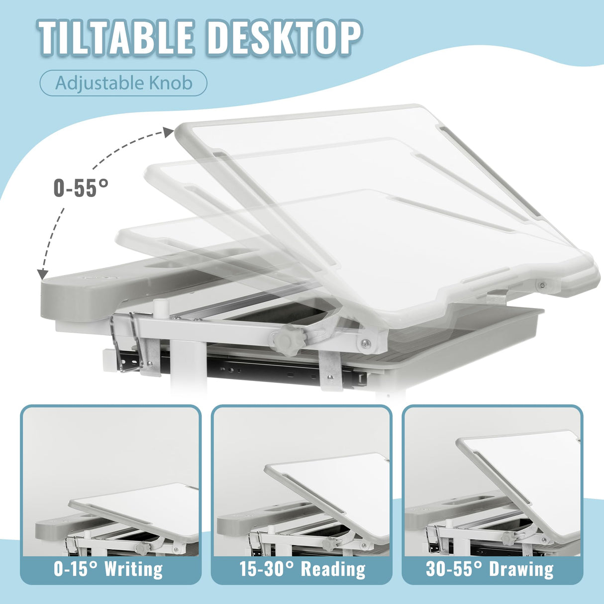 Rengue Kids Desk and Chair Set Height Adjustable School Study Desk and Chair with 55° Tiltable Desktop, 3 Modes&3 Brightness LED Lamps, Storage Drawer and Metal Hook for Boys Girls, Grey Rengue