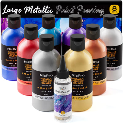 Nicpro 8 Colors 8.45oz Metallic Acrylic Pour Paint Supplies Kit, Large Volume Ready to Pour Premixed High Flow Pouring Paint Set with Silicone Pouring Oil, Gloves, Instructions for Beginner DIY