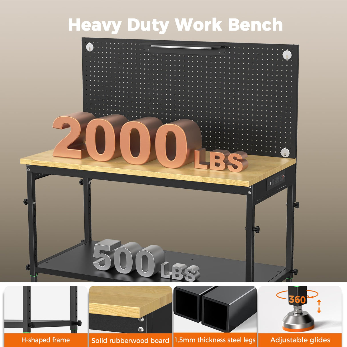 CAMMOO 48" Heavy Duty Work Bench Adjustable Height Max Load 2000 LBS with Storage Shelf for Garage Workbench, Rubberwood Tabletop with Pegboard, LED Light, Built-in Power Strip for Woodworking Shop CAMMOO