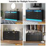 8 Drawers Dresser with Charging Station, White Dresser for Bedroom with LED Lights, Modern Chest of Drawers for Closet, Double Wide Dresser Organizer for Bedroom, Living Room, Entryway (Black) Gyfimoie