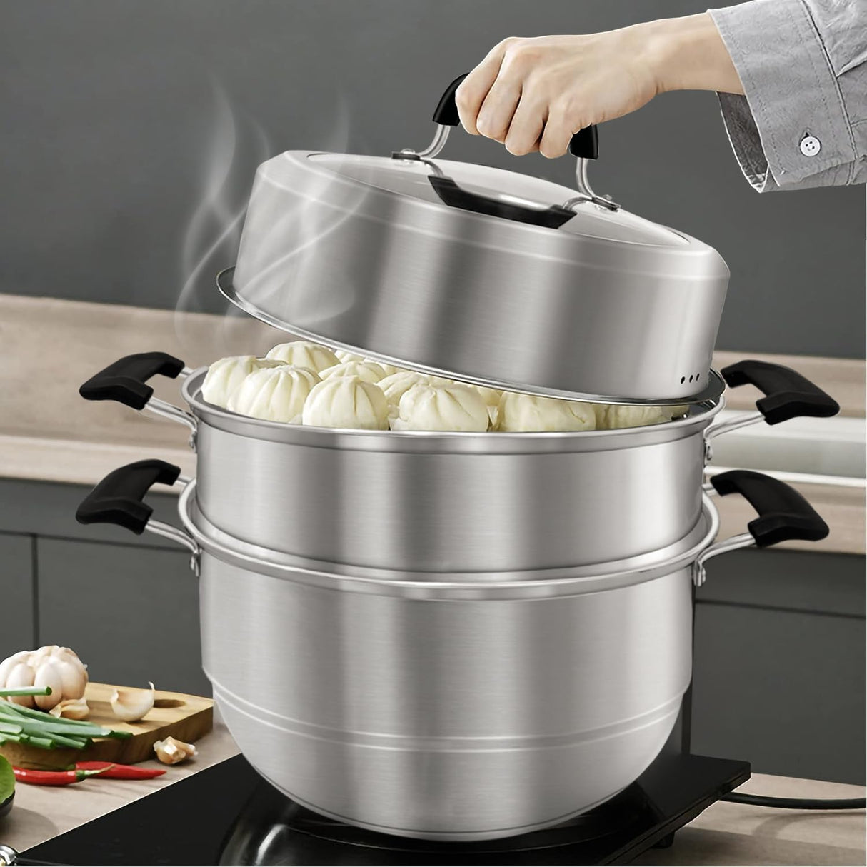 MANO Steamer Pot for Cooking 11.8 inch Steam Pots with Lid 2-tier Stainless Steel Steaming Pot Multipurpose Cookware with Handle for Vegetable, Dumpling, Stock, Sauce, Food MANO