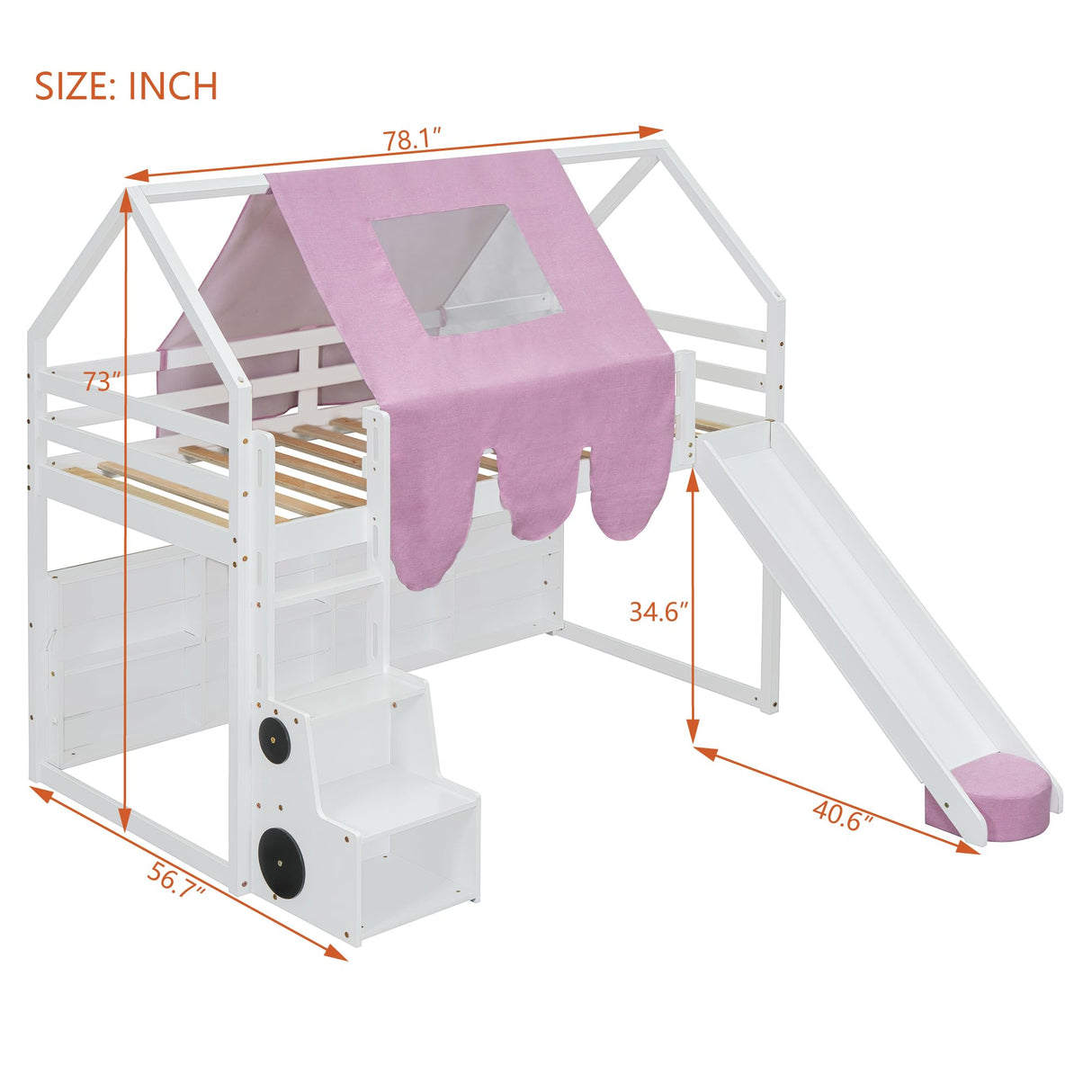 BEDGJH Twin Size Loft Bed, House Shaped Solid Wood Loft Bed with Tent, Slide and Functional Ladder for Kids, Girls & Boys (White+Pink, Twin) BEDGJH