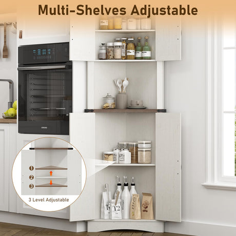 chartustriable 68" Tall Farmhouse Corner Cabinet, Corner Storage Cabinet with 4 Doors and Adjustable Shelves, Tall Barn Door Corner Cabinet with 5 Storage Shelves, for Kitchen, Bathroom, Antique White chartustriable