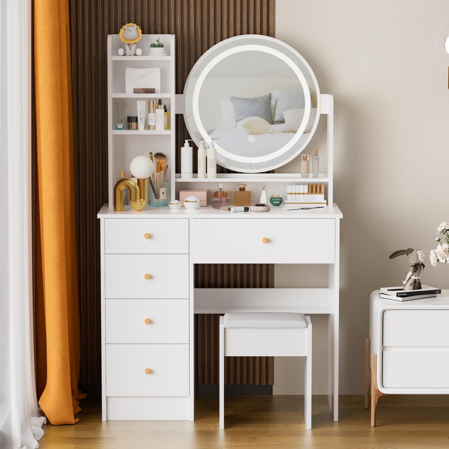 ADOFFUR Vanity Desk with Round Mirror and Lights, Small Makeup Vanity Table Set with Chair & 5 Drawers & Storage Shelves, 3 Lighting Modes Adjustable Brightness Dressing Table for Bedroom, White