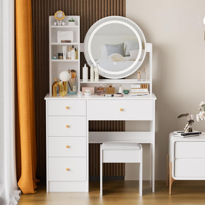 ADOFFUR Vanity Desk with Round Mirror and Lights, Small Makeup Vanity Table Set with Chair & 5 Drawers & Storage Shelves, 3 Lighting Modes Adjustable Brightness Dressing Table for Bedroom, White