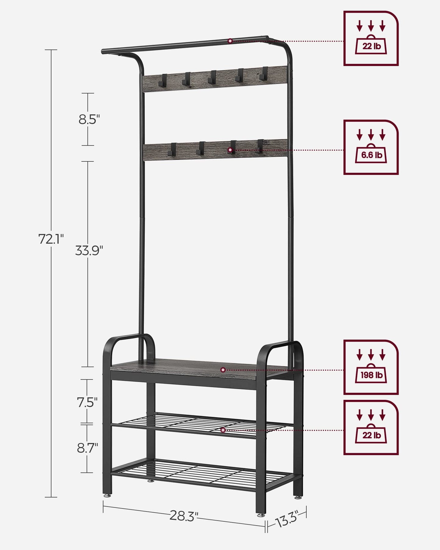 VASAGLE Coat Rack, Hall Tree with Shoe Bench for Entryway, Entryway Bench with Coat Rack, 4-in-1, with 9 Removable Hooks, a Hanging Rod, 13.3 x 28.3 x 72.1 Inches, Charcoal Gray and Black UHSR040B04