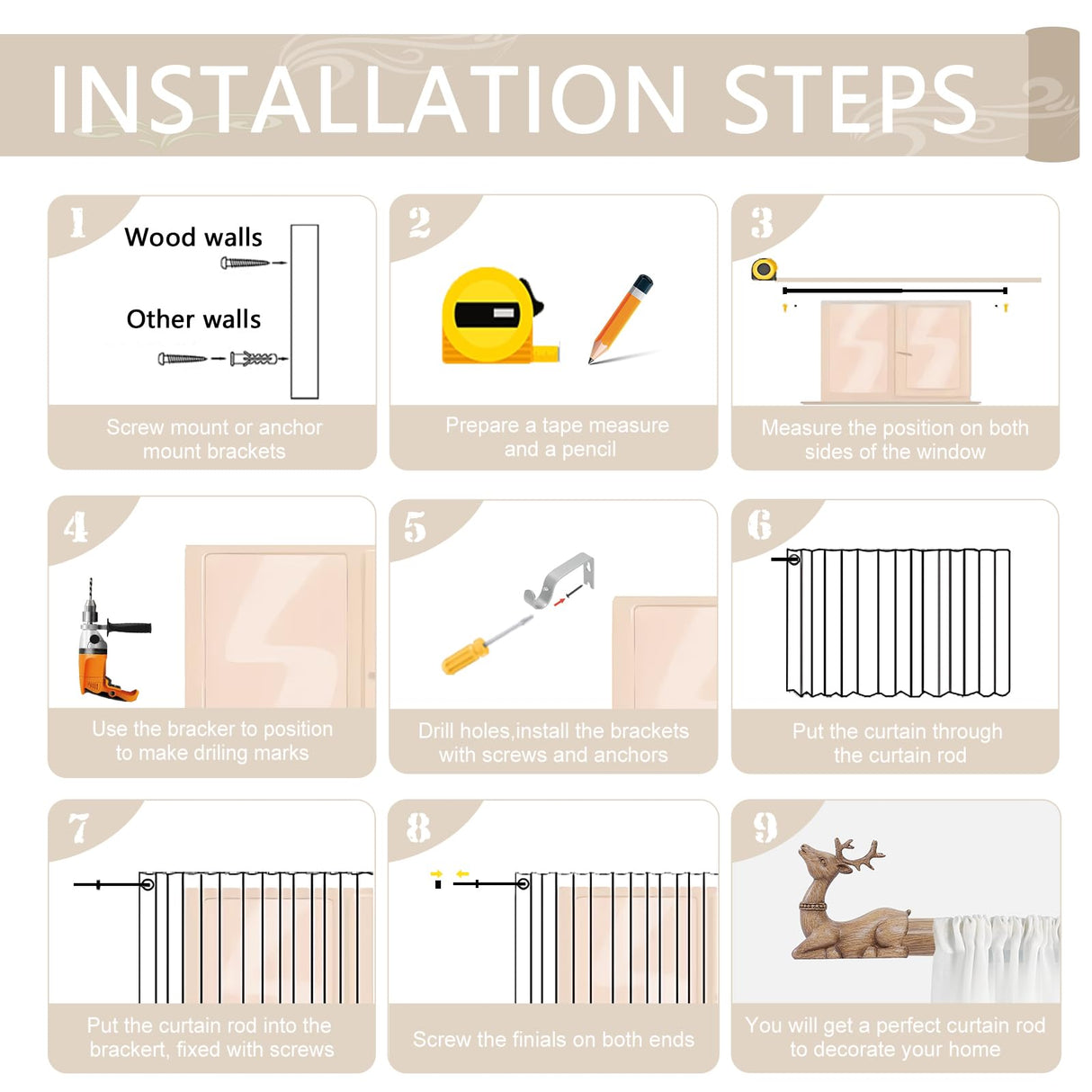 TANGWIN Wood Curtain Rods for Windows 48 to 84 Inch(4-7Ft),1 Inch Adjustable Curtain Rod,Rustic Wooden Curtain Rod,Decorative Deer Drapery Rods,Single Window Curtain Rods 36-88",Brown Wood Grain TANGWIN
