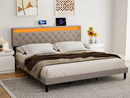 IKIFLY Adjustable King Size Upholstered Headboard with LED Lights & USB Ports in Light Brown - WoodArtSupply