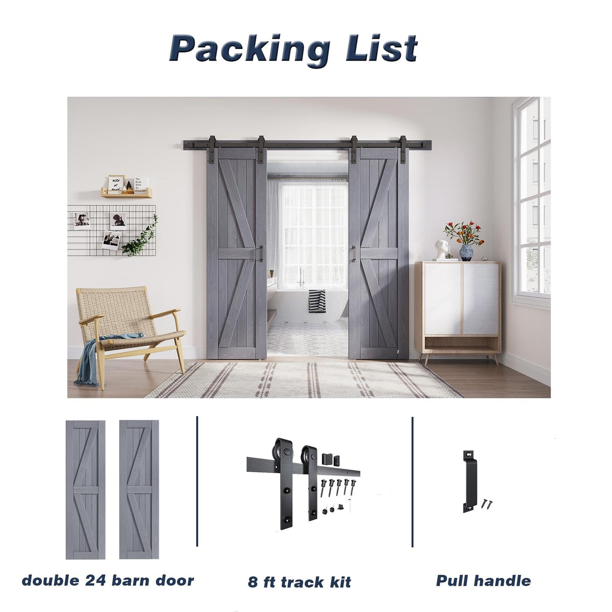 FREDBECK Gray Double 24x84 Inch Doors 48 Wood barn door with 8FT Barn Door Hardware Kit and Handle Included K Shape Spruce Double Surfaces,Simple Assembly is Required,K-Frame,Grey FREDBECK
