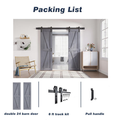 FREDBECK Gray Double 24x84 Inch Doors 48 Wood barn door with 8FT Barn Door Hardware Kit and Handle Included K Shape Spruce Double Surfaces,Simple Assembly is Required,K-Frame,Grey - WoodArtSupply