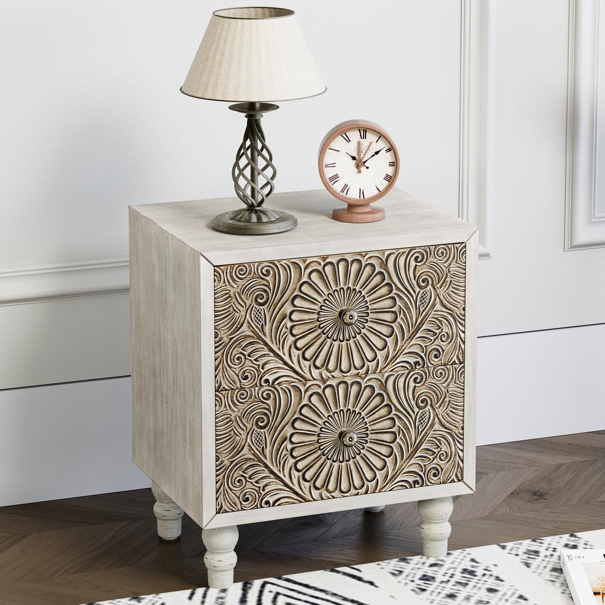 HOMPUS End Table with 2 Drawers Sets of 2, 2 Tier Bedside Table Sets, Wood Grain Nightstand, Small Accent Table with Pattern Drawer, Side Table for HOMPUS