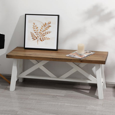 Wnutrees 43" Farmhouse Wood Bench, Rustic Solid Wood Entryway Bench Seat with Double X-Structure for Dining Room, Living Room, Hallway, Structural Stability, White Wnutrees