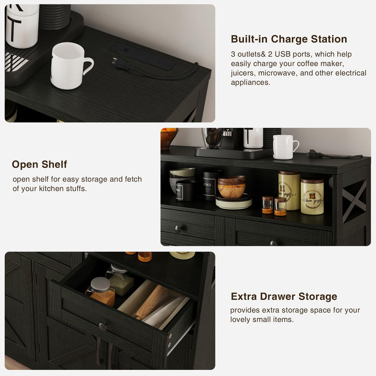 Befrases 51" L Modern Farmhouse Sideboard Buffet Cabinet, Black Storage Cabinet with Drawers & Shelves, Kitchen Pantry Hutch Cabinet, Coffee Bar Station Table for Living Room, Dining Room, Entryway Befrases