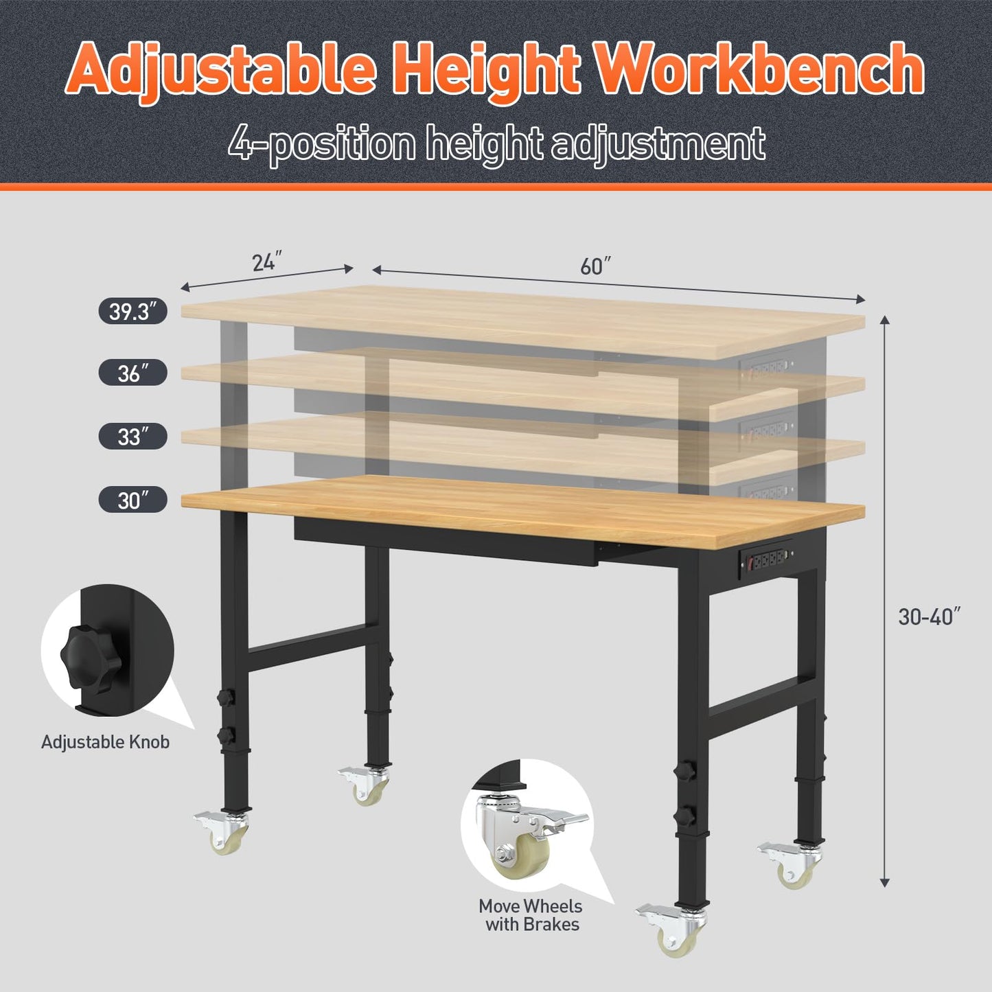 60" Adjustable Height Workbench with Drawers, Heavy Duty Work Table with Power Outlets and Wheels, 2000Lbs Capacity Load Work Benches for Garage, Workshop, Home, Office - WoodArtSupply