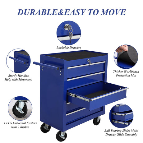 5 Drawer Rolling Tool Box,Blue Locking Tool Chest With Drawers,Tool Cabinets On Wheels for Garage Storage,Warehouse,Workshop,Repair Shop Mechanic Tool Cart BouPower