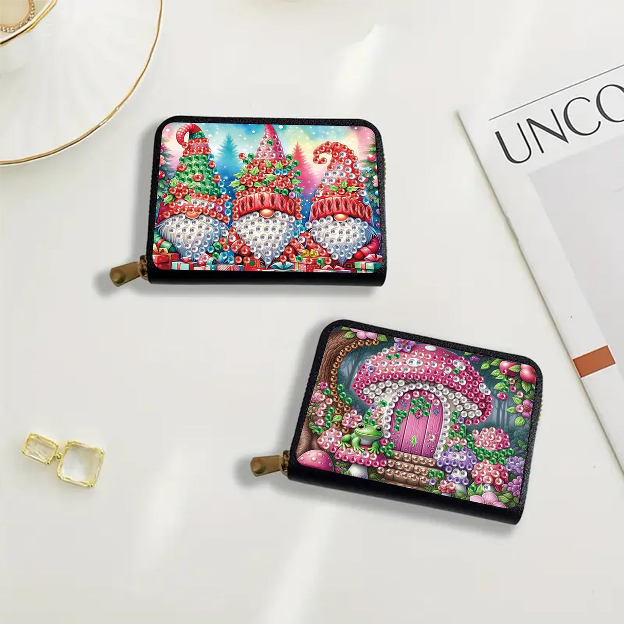 C'eitura 2PCS Tree House Gnome Diamond Art Painting Card Holder & Change Purse Set, Enchanted Forest RFID Blocking Wallet, Fairy Tale Compact Organizer with Zipper for Gnome Lovers C'eitura