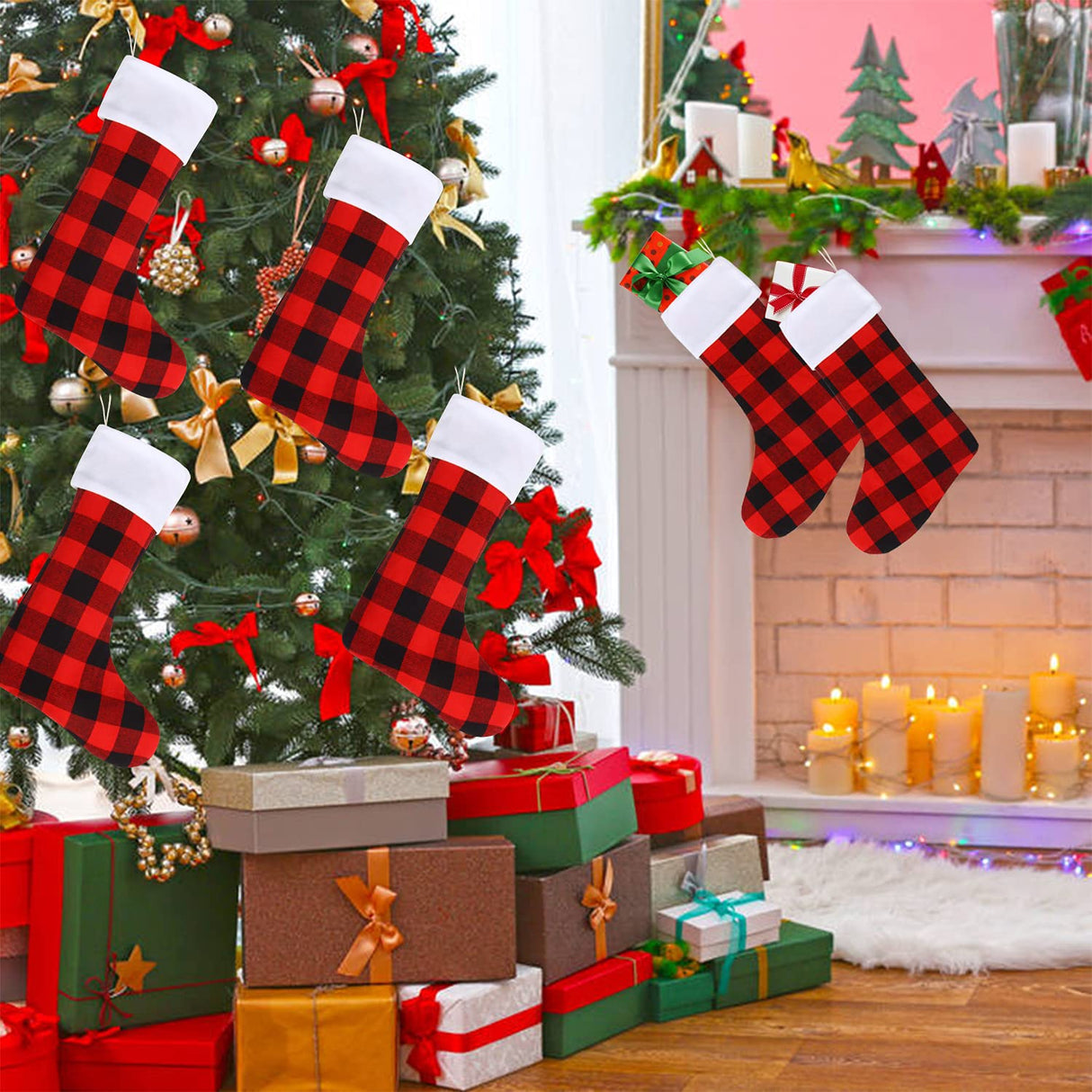 DIYASY Christmas Red Black Buffalo Plaid Stockings,6 Pack 18 Inches Large Plaid Stockings with Plush Cuff,Classic Christmas Stockings Decorations for Fireplace Hanging and Holiday Décor DIYASY