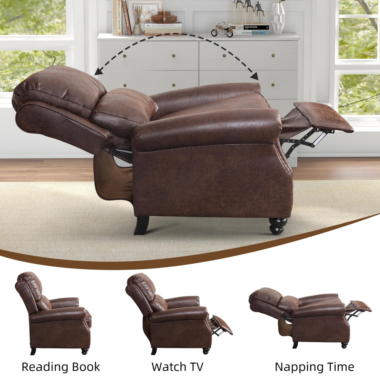 IOMOR Push Back Recliner Chair Faux Leather Lounge Armchair with Rivet Decoration Wingback Single Sofa Chair with Padded Seat Solid Wood Legs for Living Room, Comfy Upholstered, Red Brown IOMOR