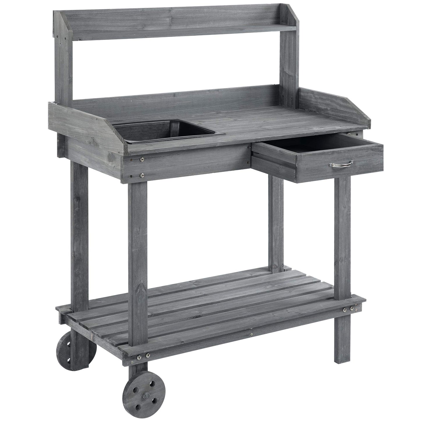 Outsunny 36'' Wooden Potting Bench Work Table with 2 Removable Wheels, Sink, Drawer & Large Storage Spaces, Gray - WoodArtSupply