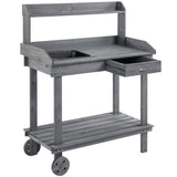 Outsunny 36'' Wooden Potting Bench Work Table with 2 Removable Wheels, Sink, Drawer & Large Storage Spaces, Gray Outsunny