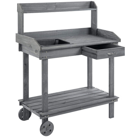 Outsunny 36'' Wooden Potting Bench Work Table with 2 Removable Wheels, Sink, Drawer & Large Storage Spaces, Gray Outsunny