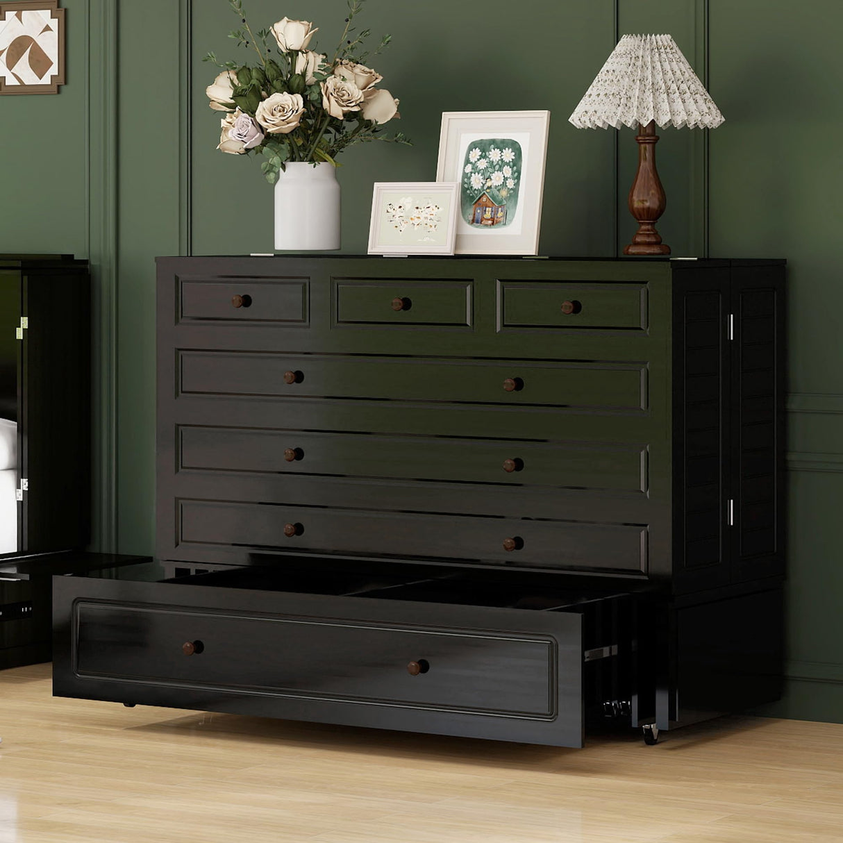 Keloyid Queen Murphy Bed Cabinet: Wood Murphy Cabinet Bed with USB Charging Station and Large Storage Drawer for Home Office or Small Room (Mattress No Included) Black-13 Keloyid