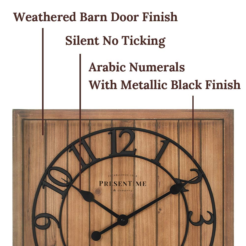 Presentime & Co 21" Farmhouse Square Shiplap Barn Door Wood Clock - Fir, Arabic Numeral. Home Decoration/Wall Decoration/Farmhouse Décor for Living Room, Dining Room, and Entryway. Presentime