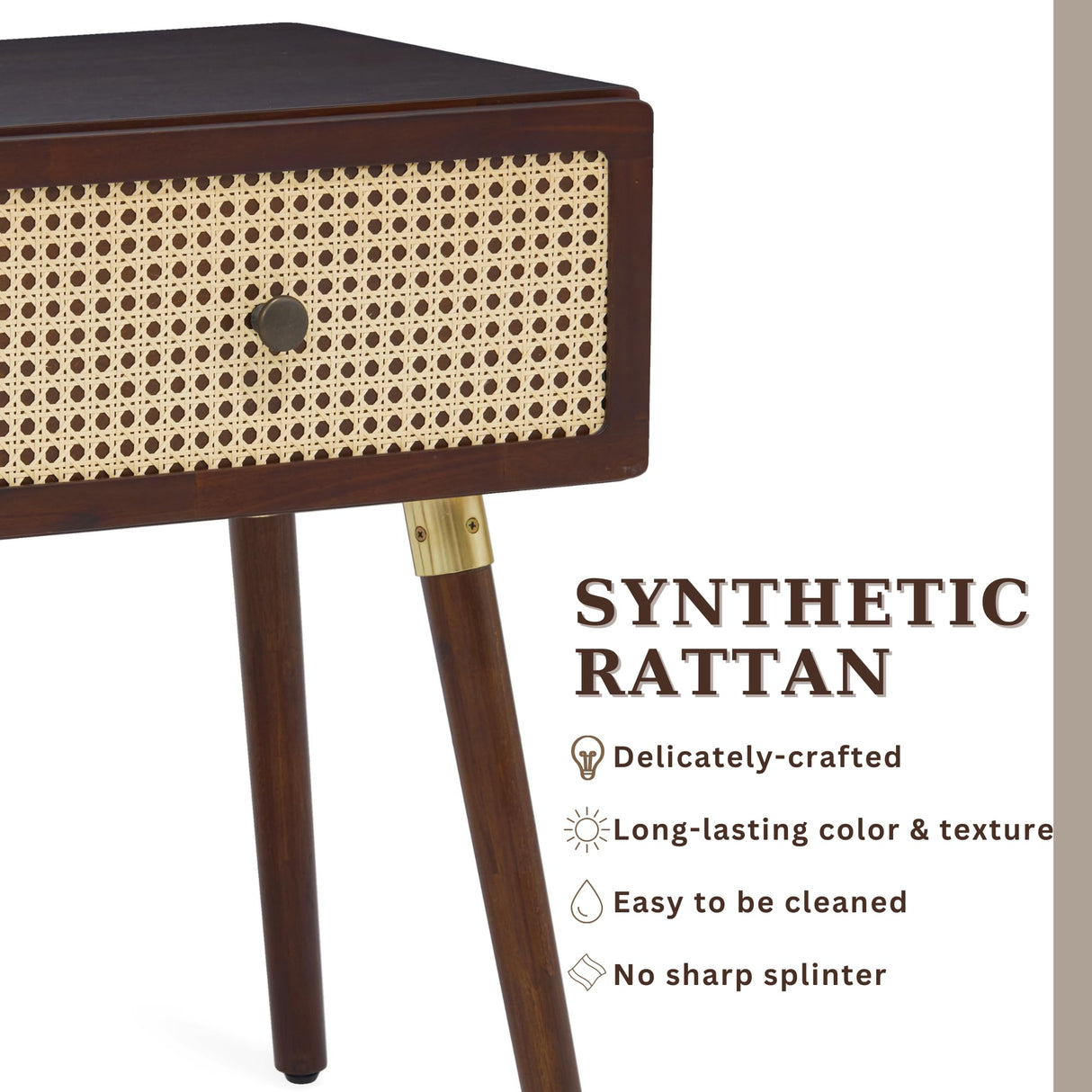 Bme Nipe Solid Wood and Rattan Boho Nightstand with Drawer, Walnut Finish Bme