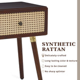 Bme Nipe Solid Wood and Rattan Boho Nightstand with Drawer, Walnut Finish Bme