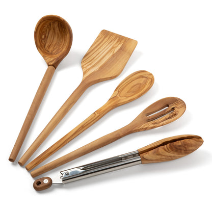 Salt & York 5-piece Olive Wooden Kitchen Utensil Set - Includes Turner, Tongs, Slotted Spoon, Ladle, and 12" Spoon - Best Wooden Spoons for Cooking - Ideal for Nonstick Cookware