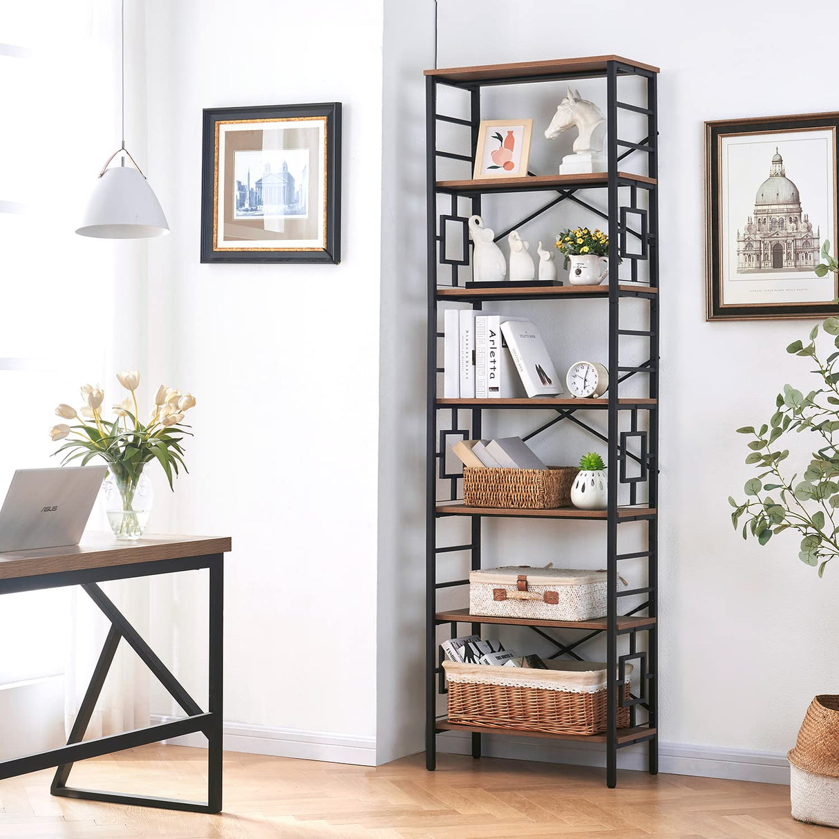 HOMISSUE Industrial 7-Tier Tall Bookshelf in Rustic Brown with Unique Design HOMISSUE