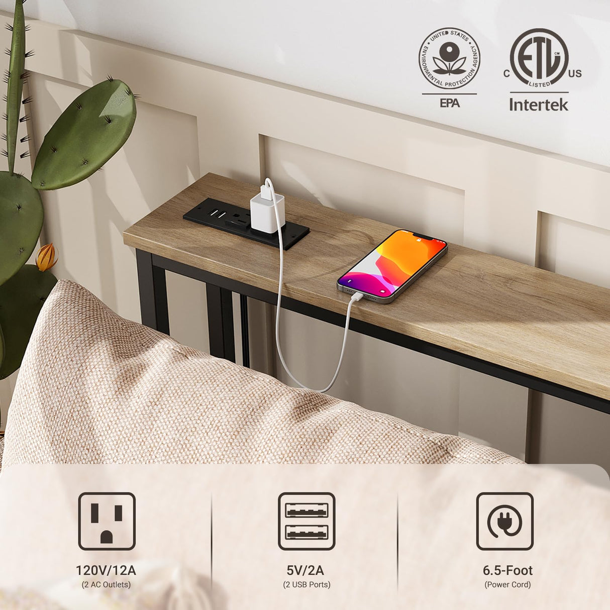 ELYKEN 5.9" Narrow Console Sofa Table with Power Outlets, 5.9" Dx39.4 Wx31.1 H Long Couch Table with Metal Frame and Charge Station with 6.5’ Extension Cord, White Oak ELYKEN