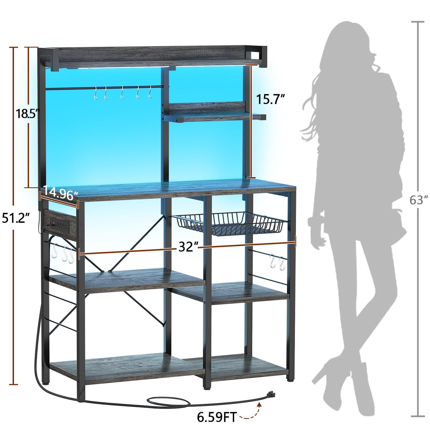 Aheaplus Bakers Rack with Power Outlet and LED Light Strings, Microwave Oven Stand Kitchen Storage Shelf with Wire Basket, Coffee Bar Station Island Table with 10 Hooks for Spices, Pots, Black Oak