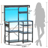 Aheaplus Bakers Rack with Power Outlet and LED Light Strings, Microwave Oven Stand Kitchen Storage Shelf with Wire Basket, Coffee Bar Station Island Table with 10 Hooks for Spices, Pots, Black Oak Aheaplus