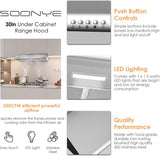 SOONYE 30 inch Stainless Steel Under Cabinet Range Hood, Slim Kitchen Vent Hood Ducted/Ductless Convertible with 3 Speed Controls, 5-Layer Aluminum Filters,LED Lights Soonye