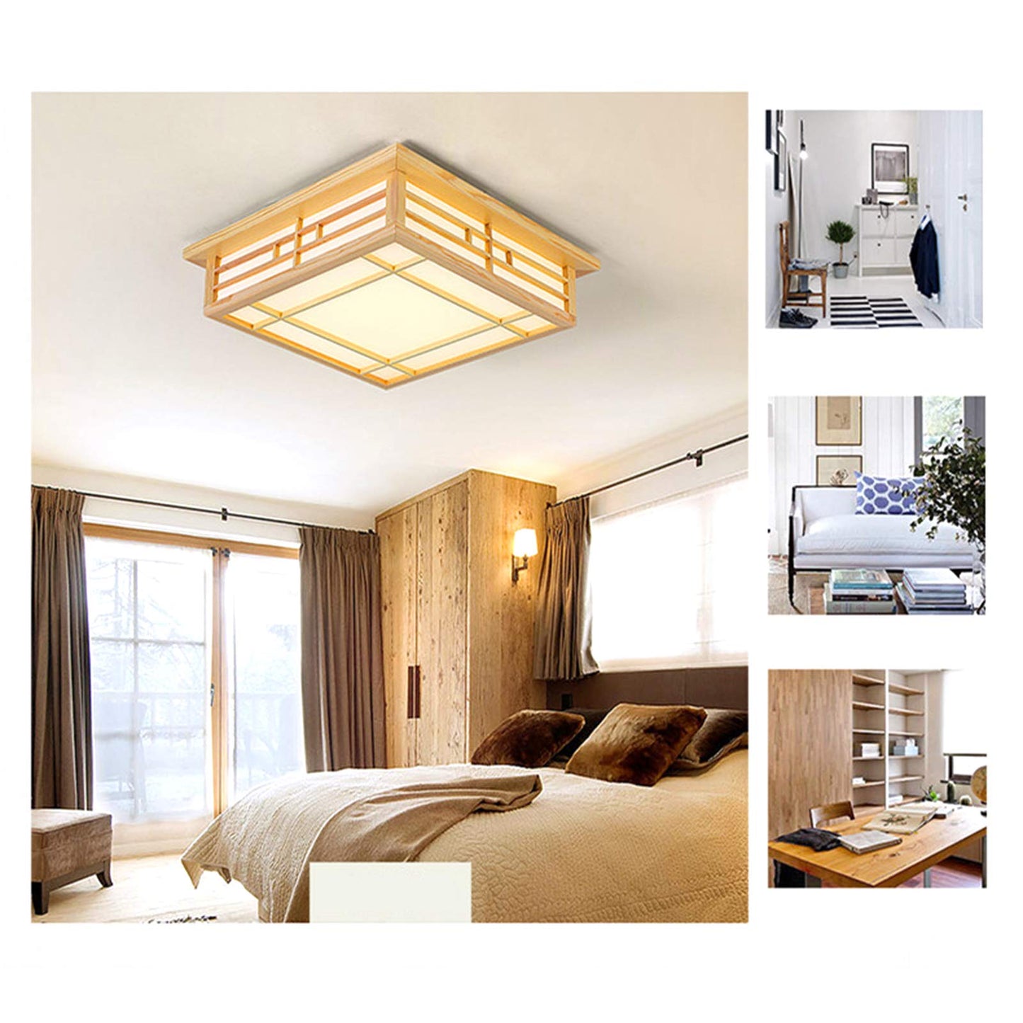 Japanese Style Square Wood Ceiling Light Fixture with LED Lamps, 110V Remote Control Dimmer Light Perfect for Bedroom, Living Room, Dining Room, and Kitchen (35x35cm) - WoodArtSupply