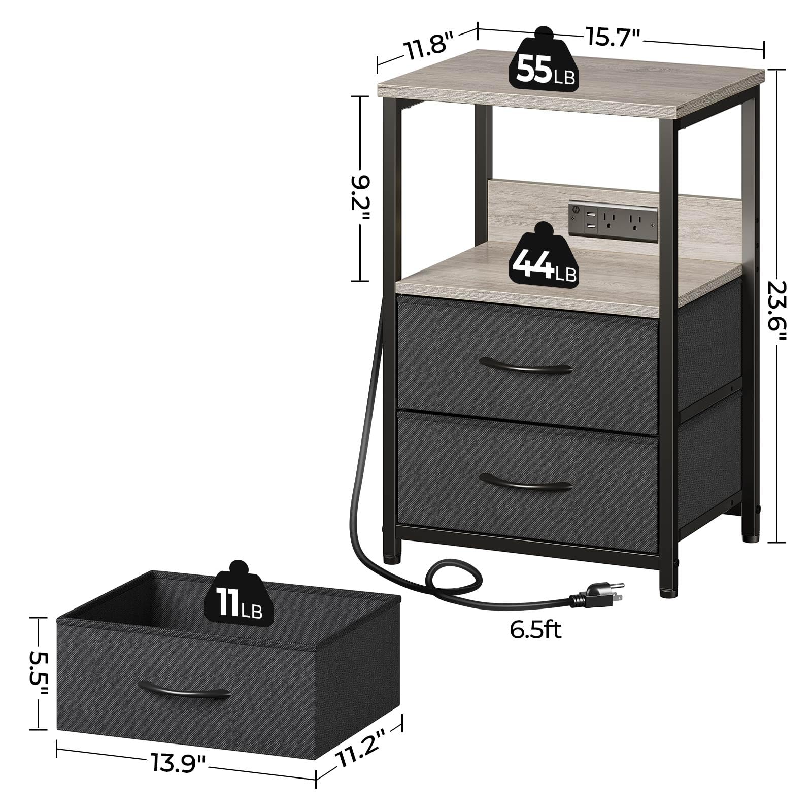 Seventable Nightstand with Charging Station, Bedside table with LED Lights, Night stand with 2 Fabric Drawers, 3-Tier Storage End Table for Bedroom, Greige - WoodArtSupply