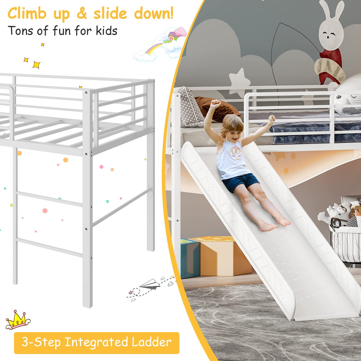 Giantex Twin Loft Bed with Slide, Metal Low Bunk Bed w/Safety Guardrails & Built-in Ladder, Toddler Bed Floor Frame for Boys & Girls, No Box Spring Needed (White) Giantex