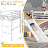 Giantex Twin Loft Bed with Slide, Metal Low Bunk Bed w/Safety Guardrails & Built-in Ladder, Toddler Bed Floor Frame for Boys & Girls, No Box Spring Needed (White) Giantex