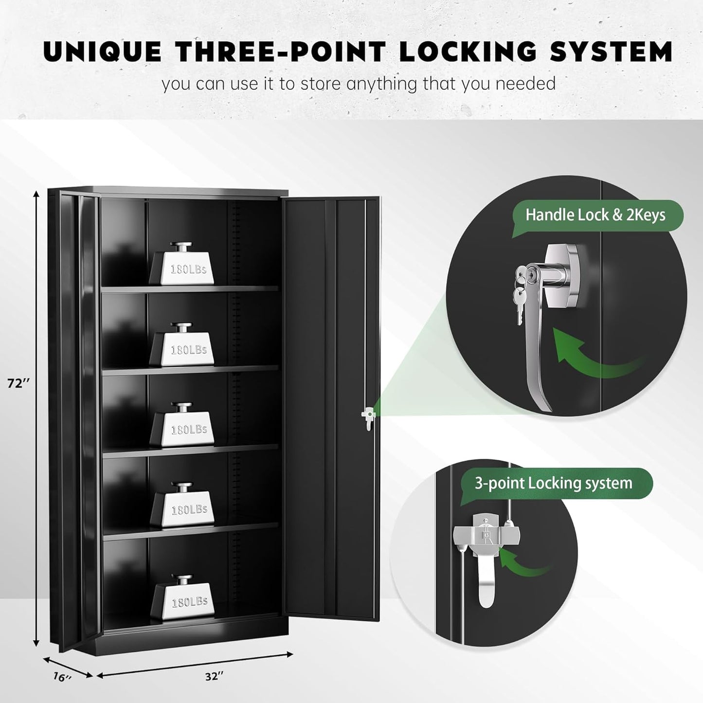 Greenvelly Metal Storage Cabinet with Lock,71" Steel Garage Storage Cabinet with 2 Doors and 4 Adjustable Shelves,Lockable File Cabinet, Metal Tool Cabinets for Office,Home,Garage,Gym,School (Black)