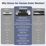 Commercial Food Vacuum Sealer Machine, 230 Watts Food Sealer Vacuum Sealer for Food with Double Heat Seal, Easy Lock Handle, 12 Functions, 1 Roll and 10 Pre-cut Bags, Progress Display OidoZac